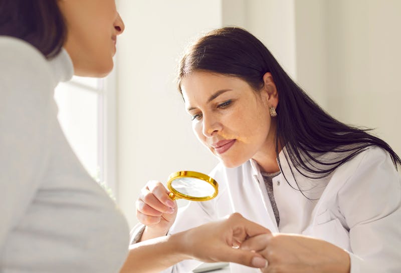 dowctor looking at patient's skin