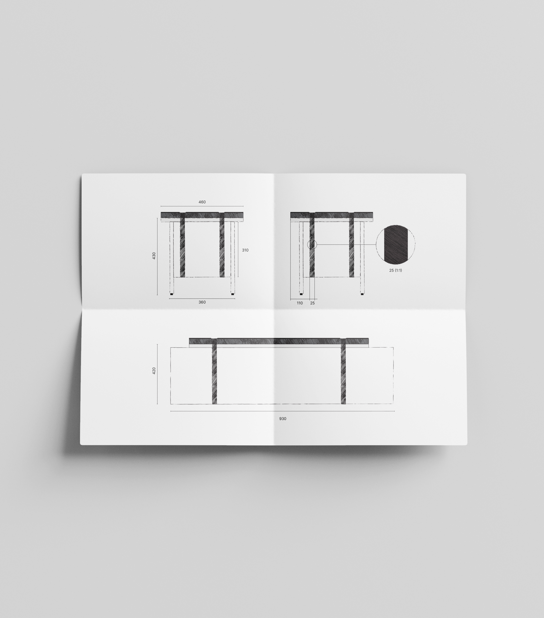 A folded paper shows detailed technical drawings and dimensions of a bench, including front, side, and top views.