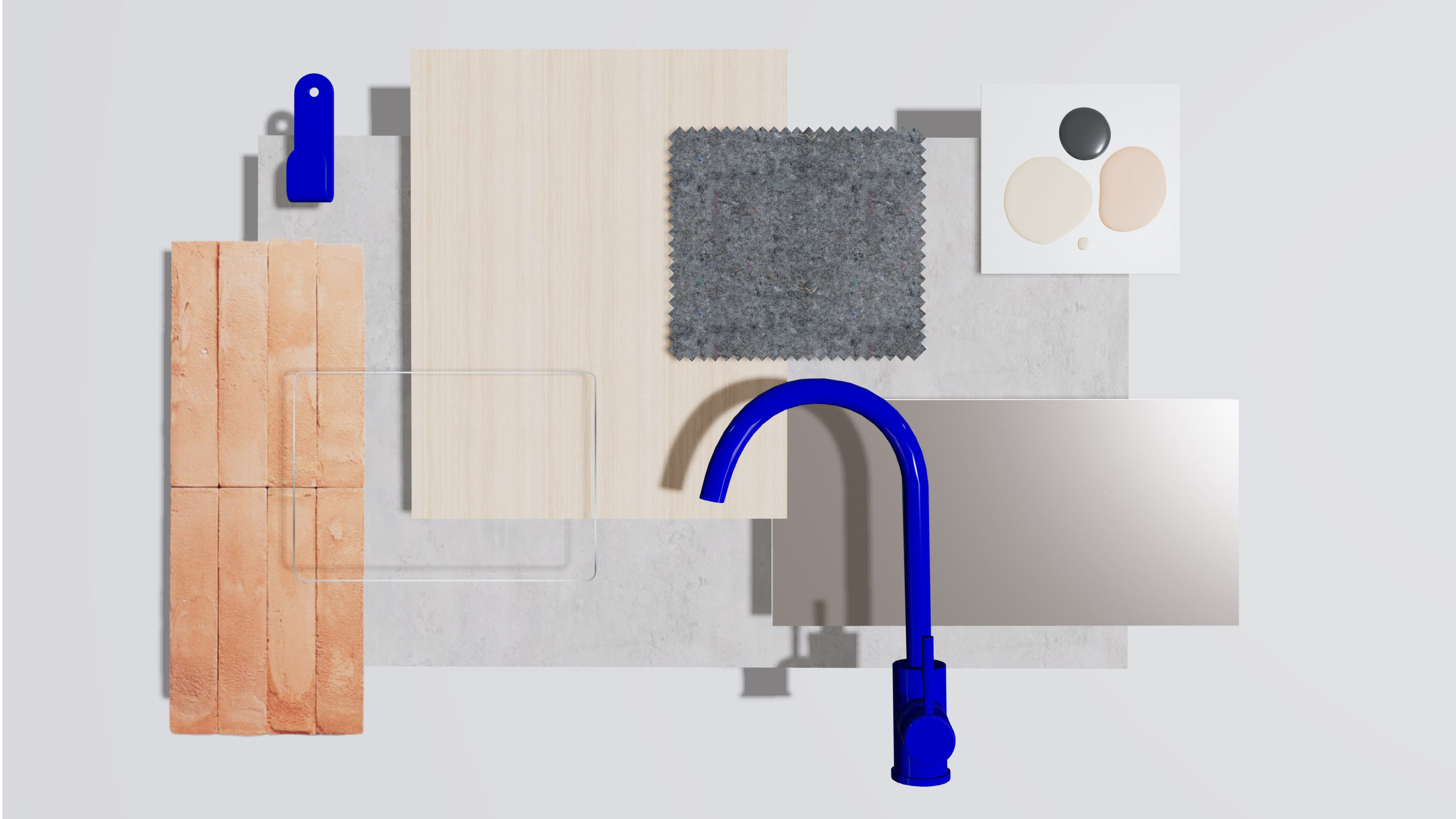 A flat lay shows selected materials including bricks, wood, textile, metal, paint samples, and a bold blue faucet, arranged on a neutral background.