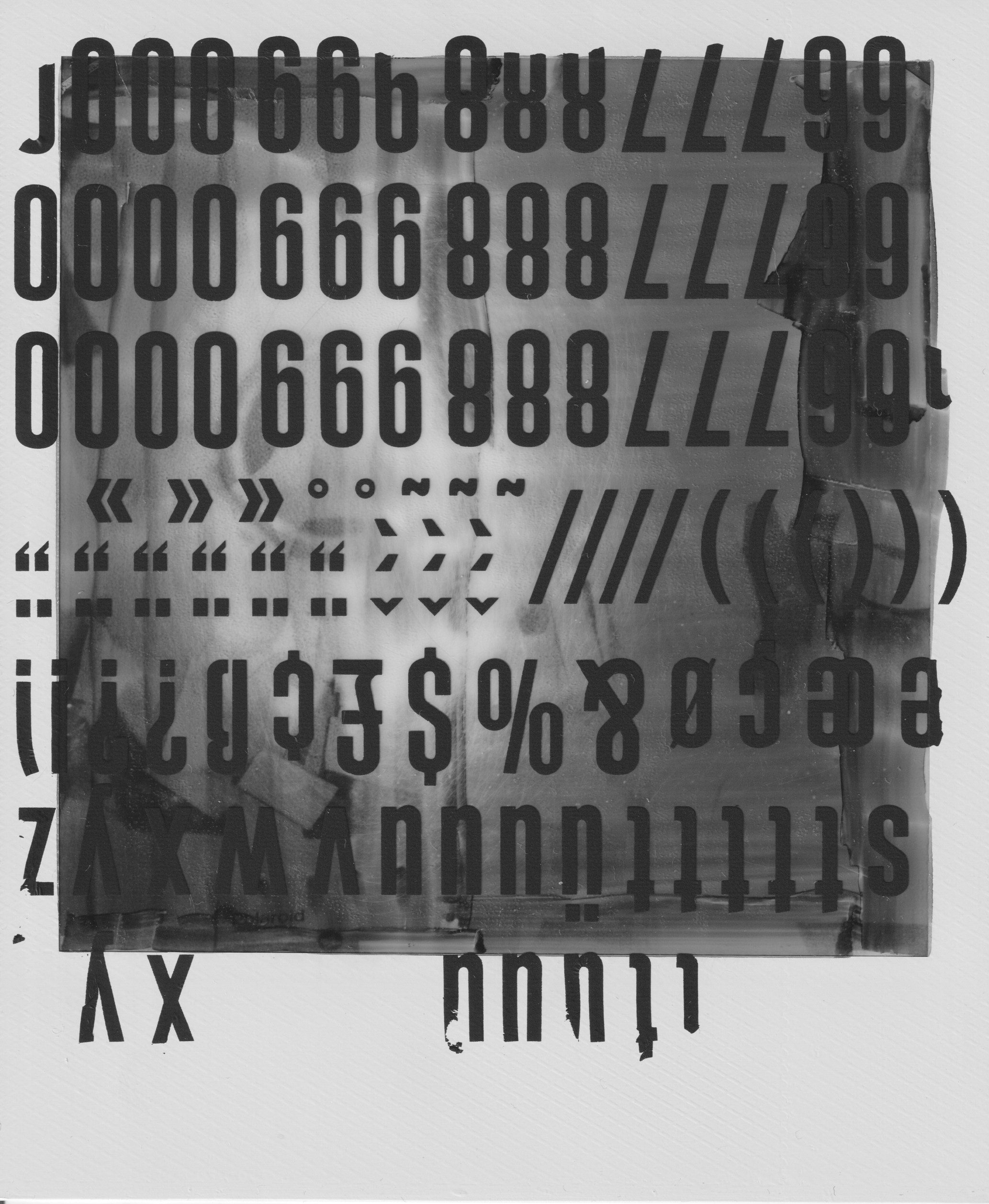 Black and white Polaroid depicting a blurry unclear background where numbers unsidedown in straight rows al over the picture, are glued to the surface of the photographs.