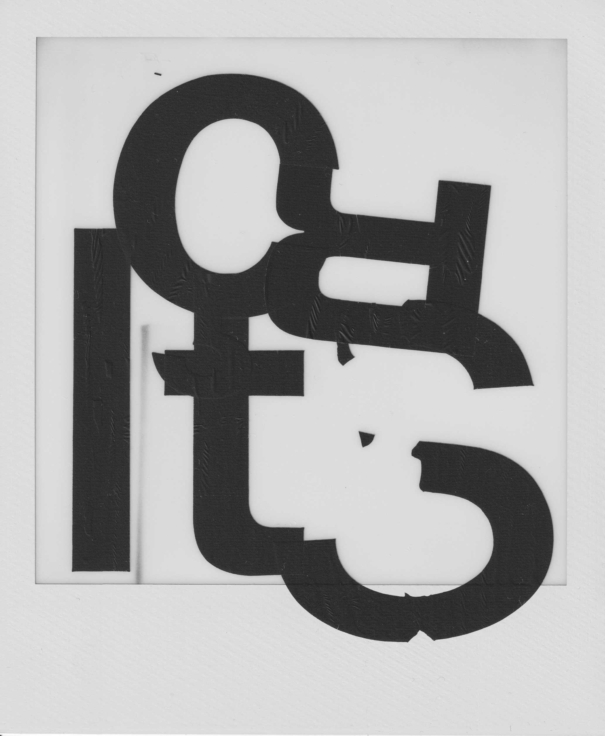 A black and white overexposed completly white Polaroid photograph, with Letraset vinyl letters on top, forming an abstract concrete poem with the letters I, t, S, C and R.