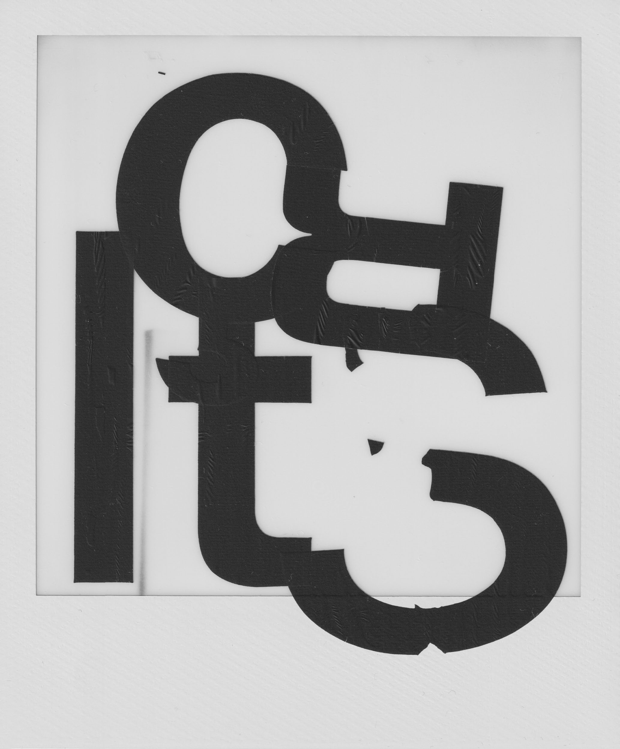 A black-and-white Polaroid photograph and abstract collage. The background is almost entirely white. Printed on top of the photograph are five thick black letters. Some of the letters - some reduced to mere fragments - that overlap and blend into each other, rendering them hard to decipher. The letters have been applied using outdated Letraset lettering, used by graphic designers before computers.
