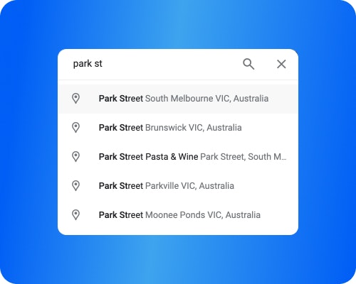 Google Address search results A screenshot of results from a Google address search showing many streets from different suburbs with the same name