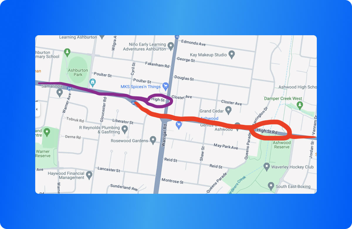 A screenshot of a map on Google maps where a continuing street changes name as it moves between suburbs