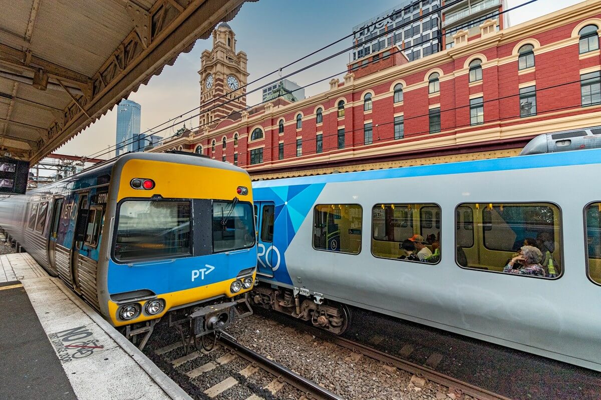 Two trains in Melbourne's Flinders St Station