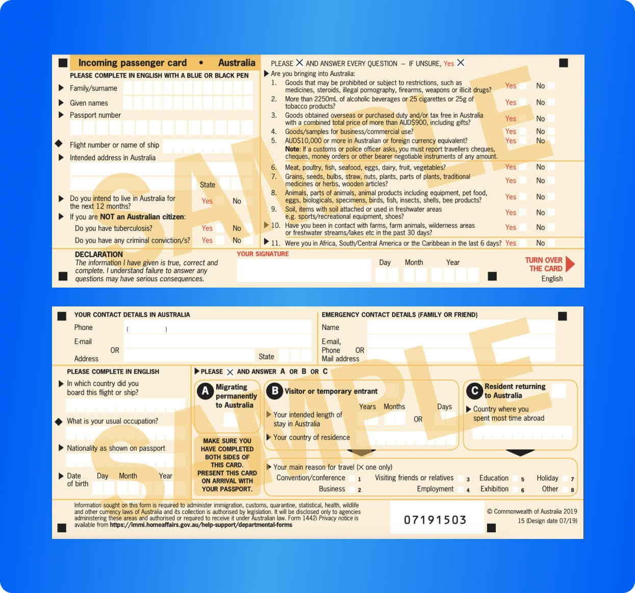 A sample entry card for Australia (in english) A sample entry card for Australia (in english)