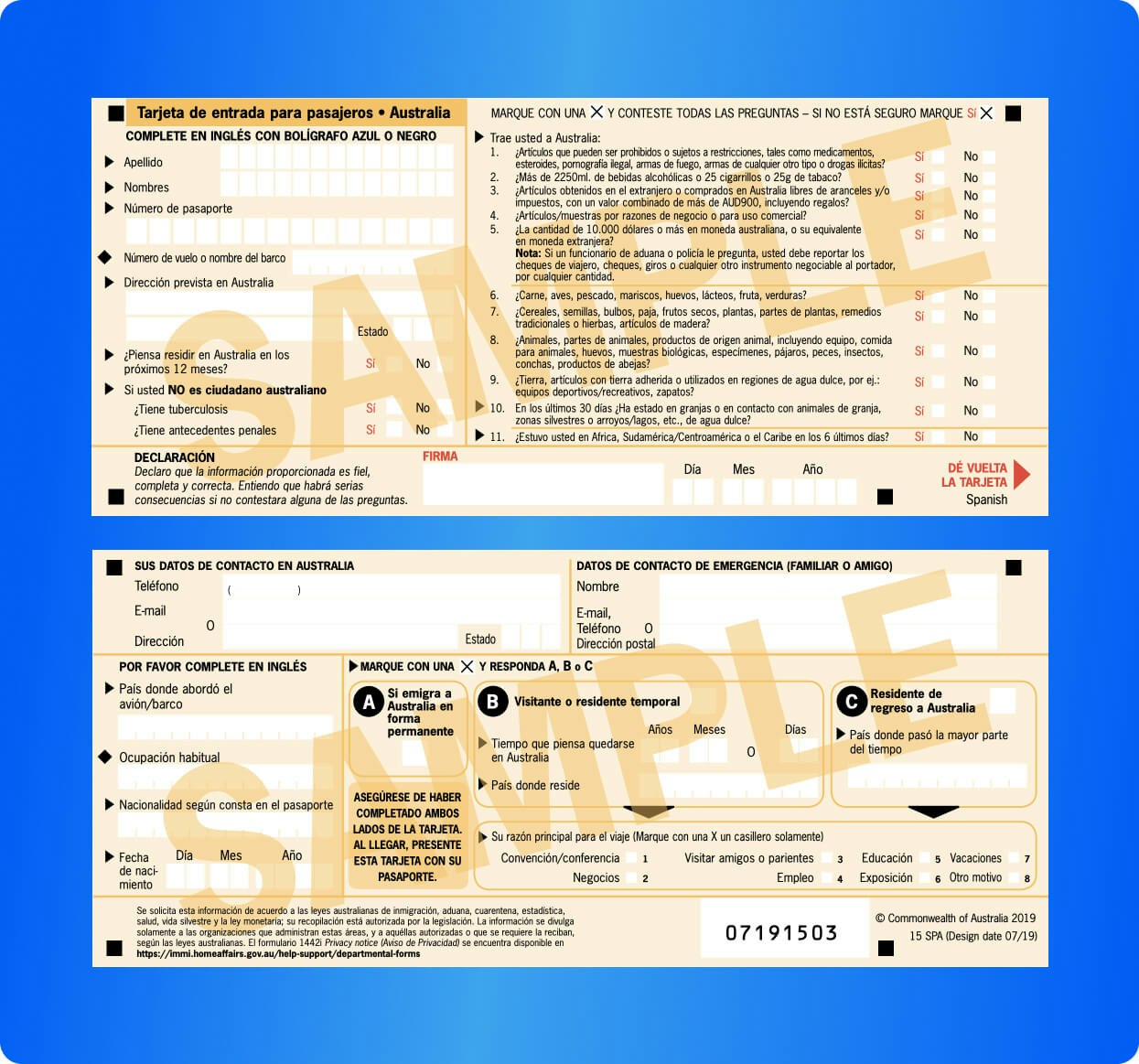 Un ejemplo de una tarjeta de entrada en Australia (en español) Un ejemplo de una tarjeta de entrada en Australia (en español)