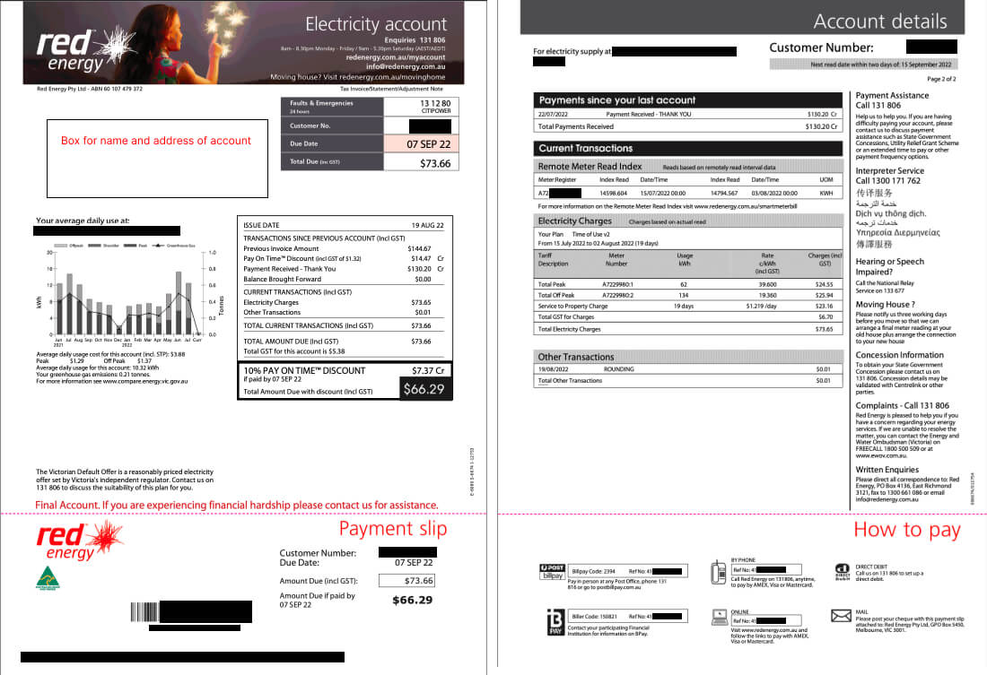 An example of an electricity bill in Australia