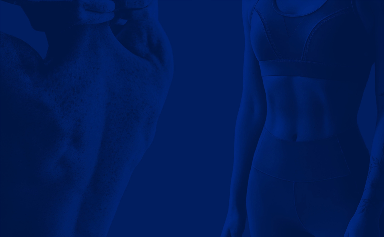 A blue background, featuring the silhouette of a muscular back and a fit torso, representing health and wellness services offered by the clinic.