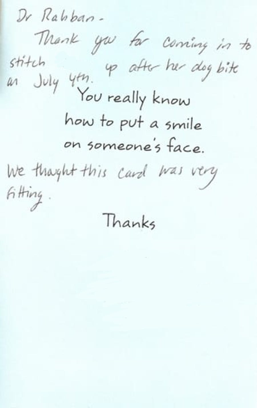 thank you card to Dr. Rahban