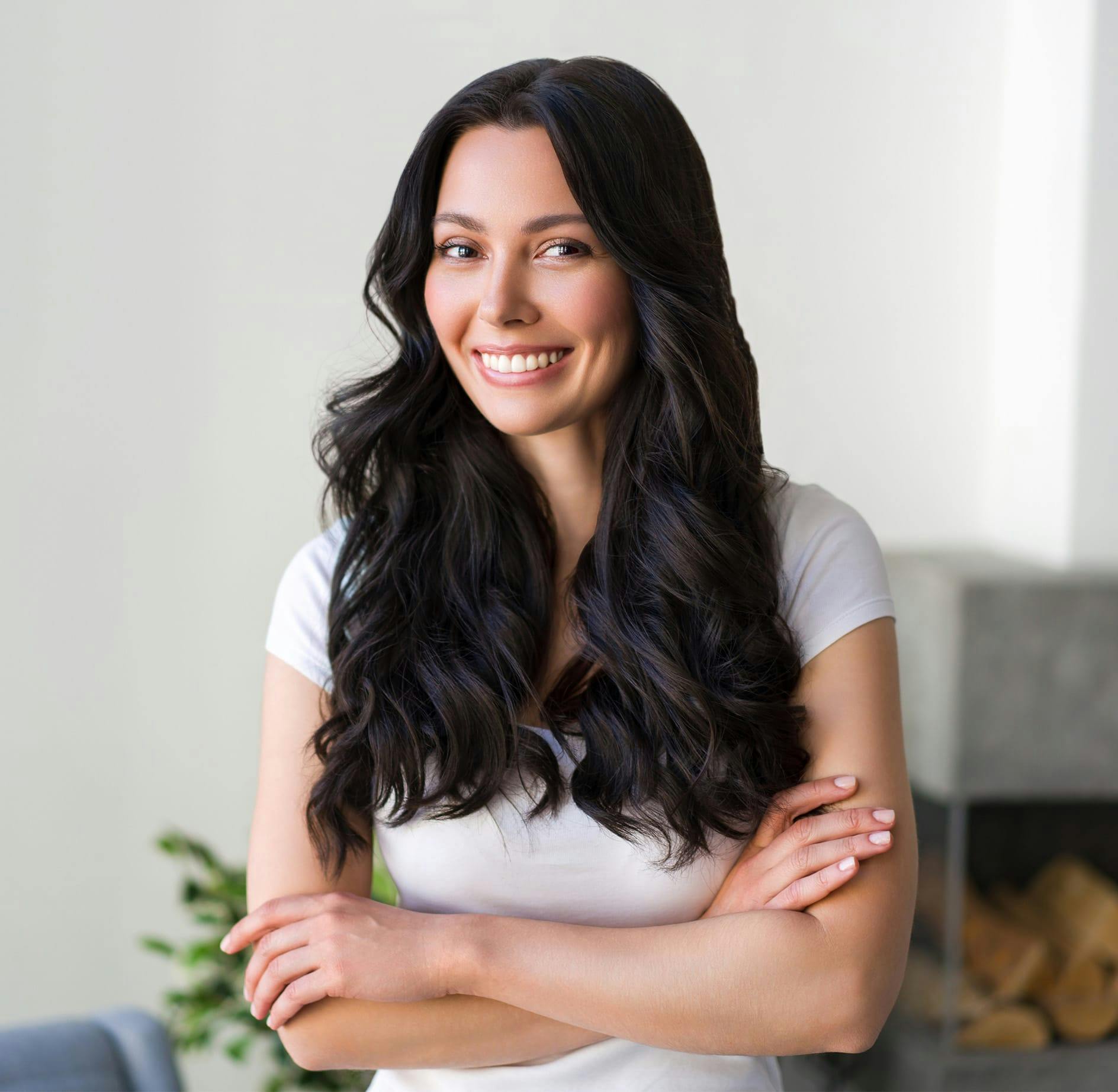 Smiling woman with long black hair