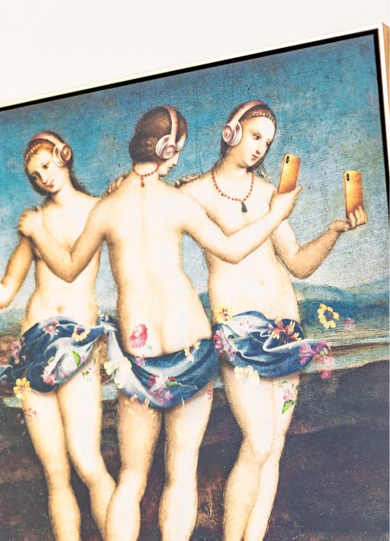 painting of 3 woman with headphones on, holding phones and a blanket covering their private area