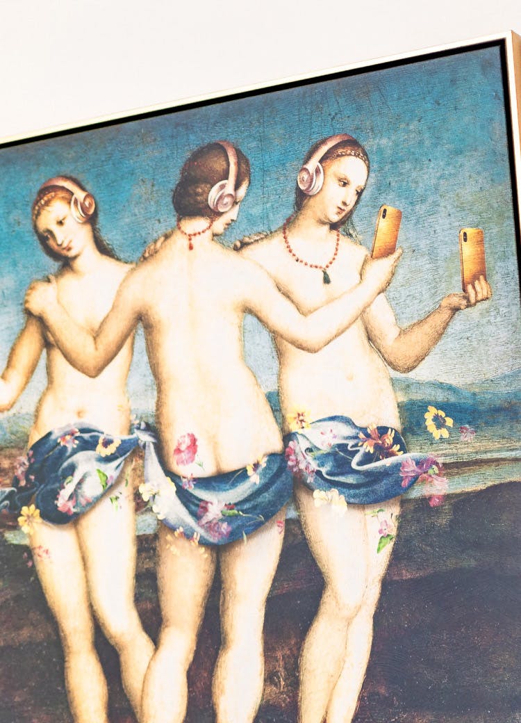 Modern artwork of three classical figures wearing headphones and taking selfies