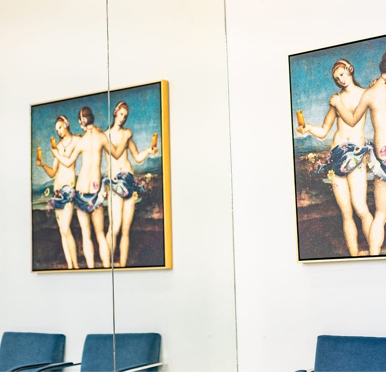 Painting of three women standing holding their cell phones and wearing headphones