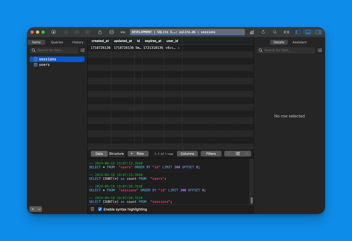 Sessions table for a Google authentication system using SQLite and Lucia