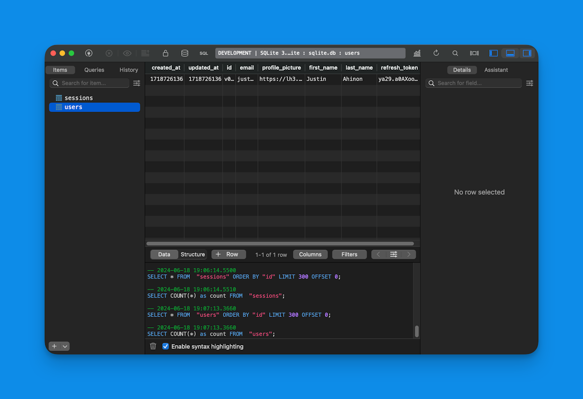 Users table for a Google authentication system using SQLite and Lucia