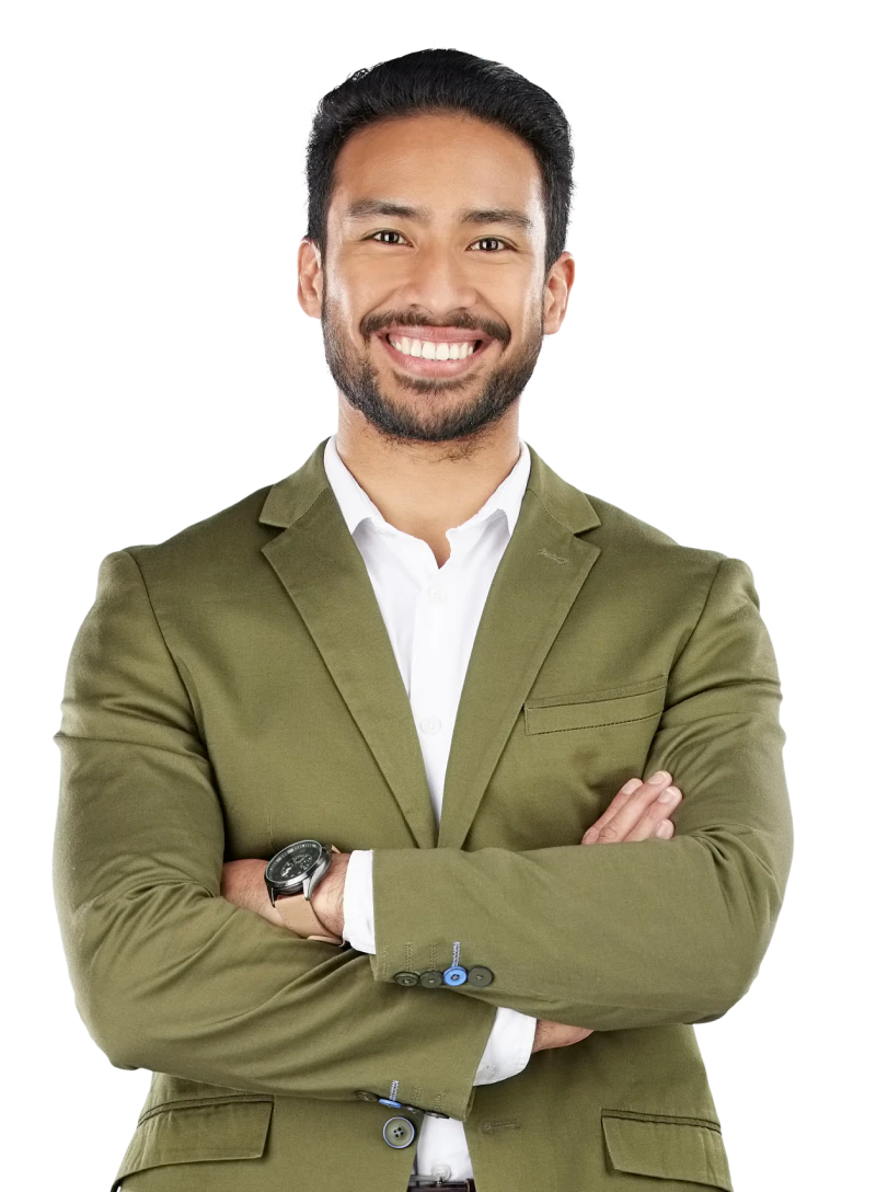 Smiling man wearing suit jacket, arms crossed and looking at the camera