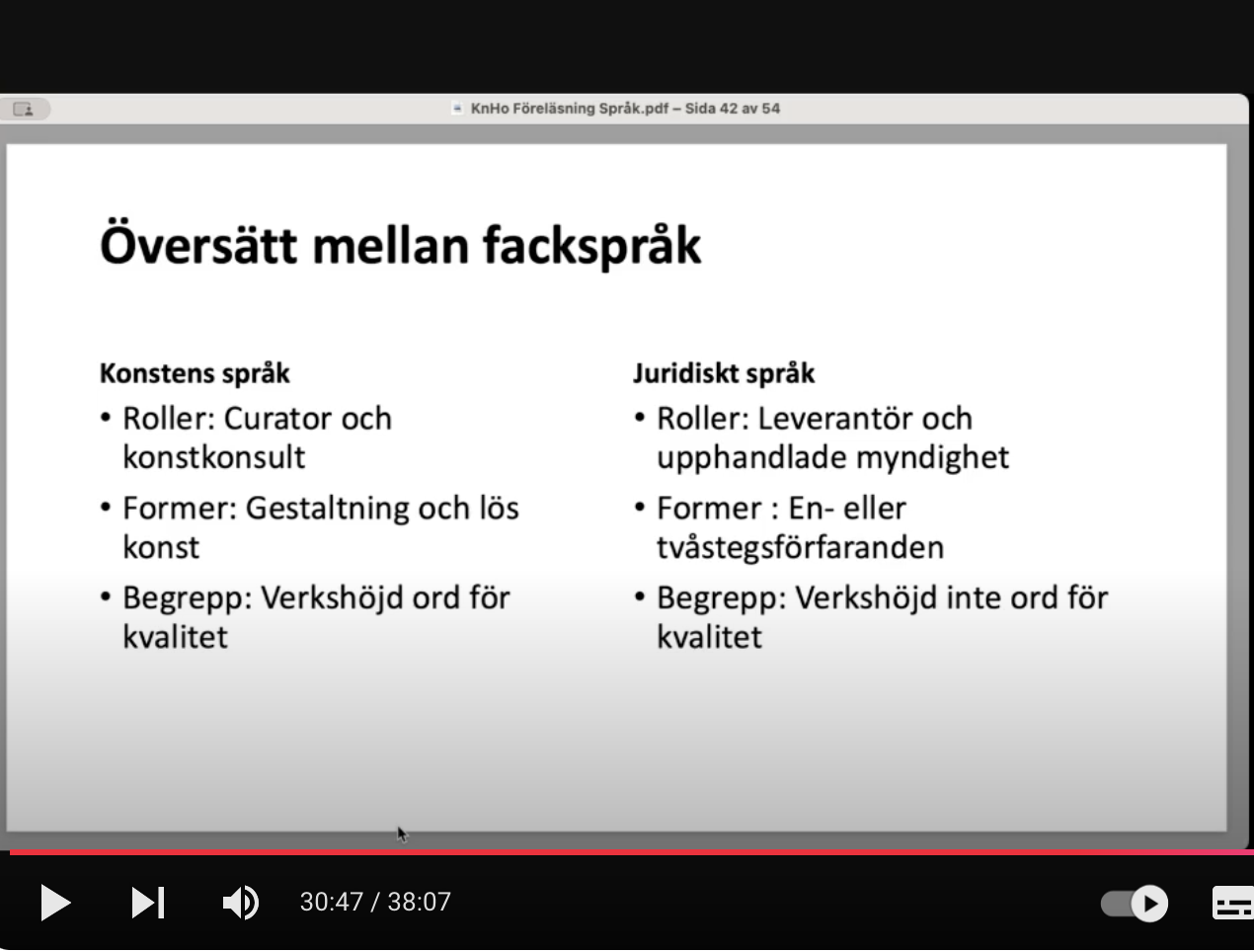 Skärmavbild som visar skillnader mellan konstens och juridikens språk