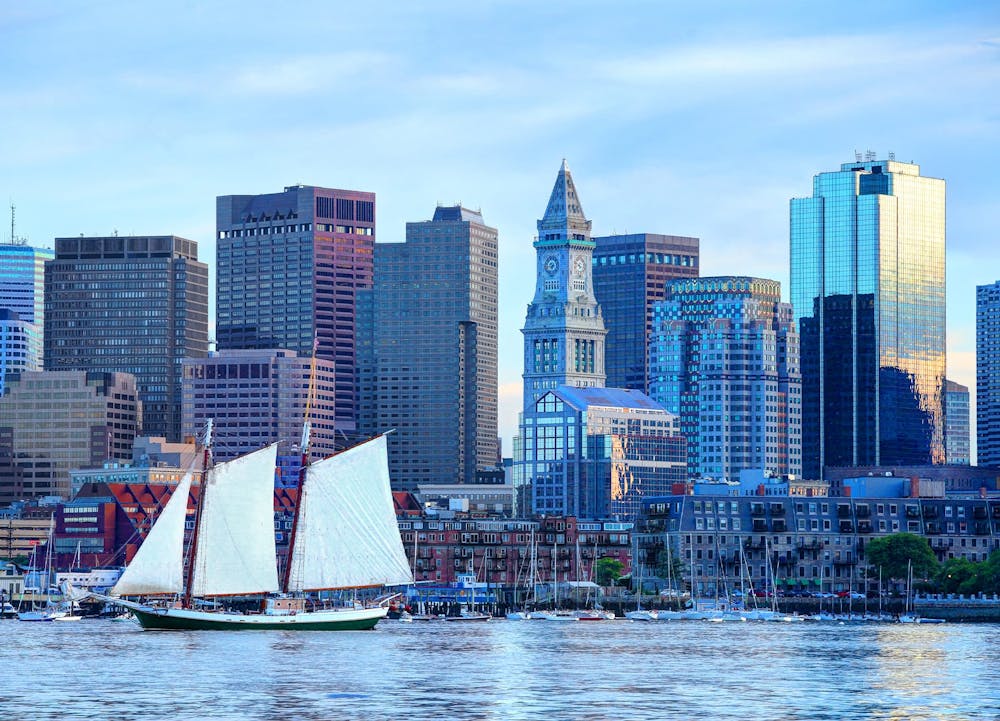 Ships along harbor skyline