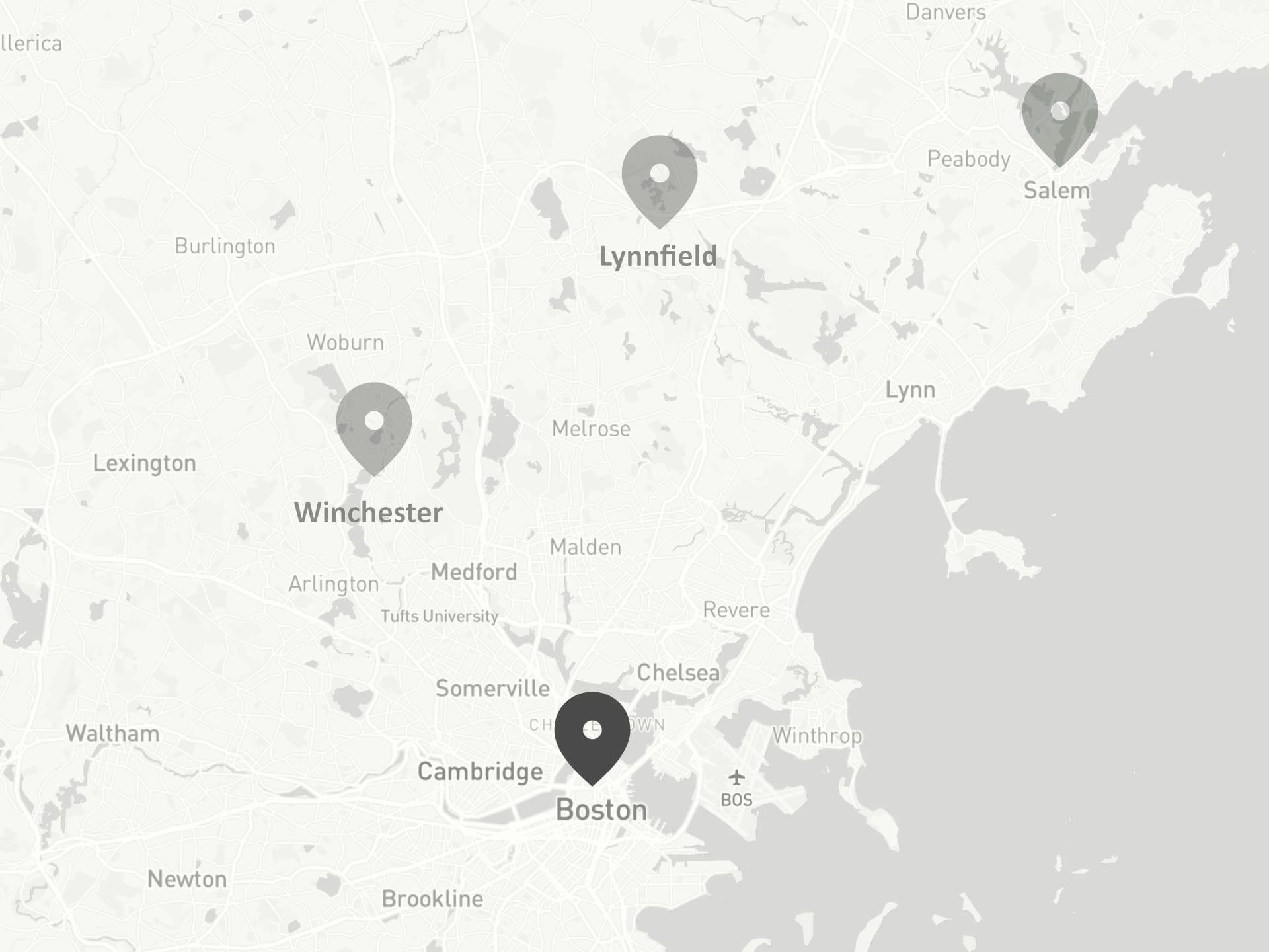 Map of Boston area with Boston highlighted