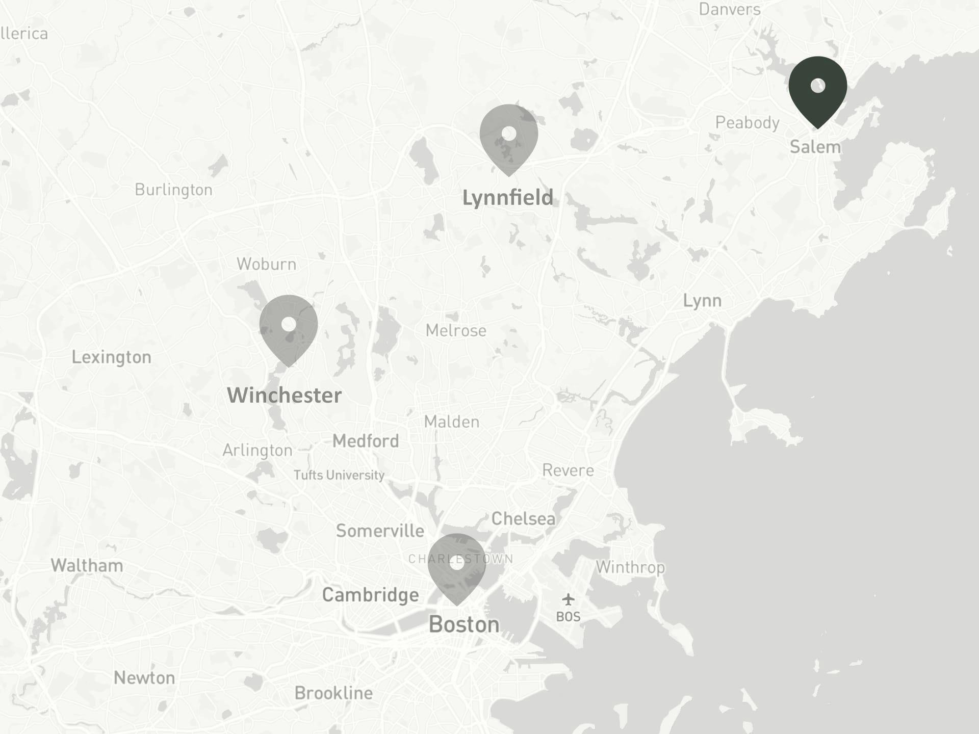 Map of Boston area with Salem highlighted