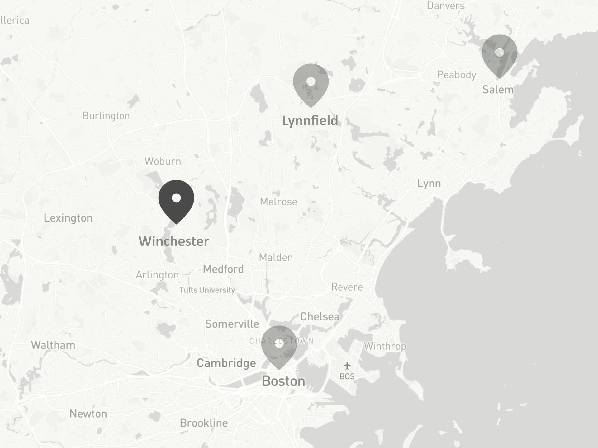 Map of Boston area with Winchester highlighted