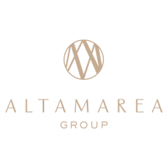The Altamarea Group logo features a stylized circular emblem with intersecting lines above the words "ALTAMAREA GROUP" in elegant, beige capital letters on a white background.