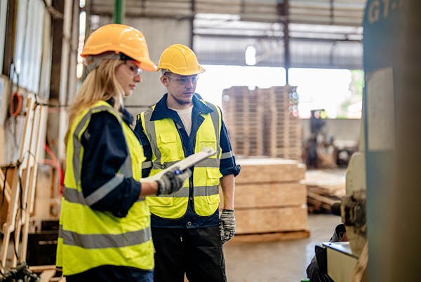 Man and woman wearing safety gear working in a warehouse