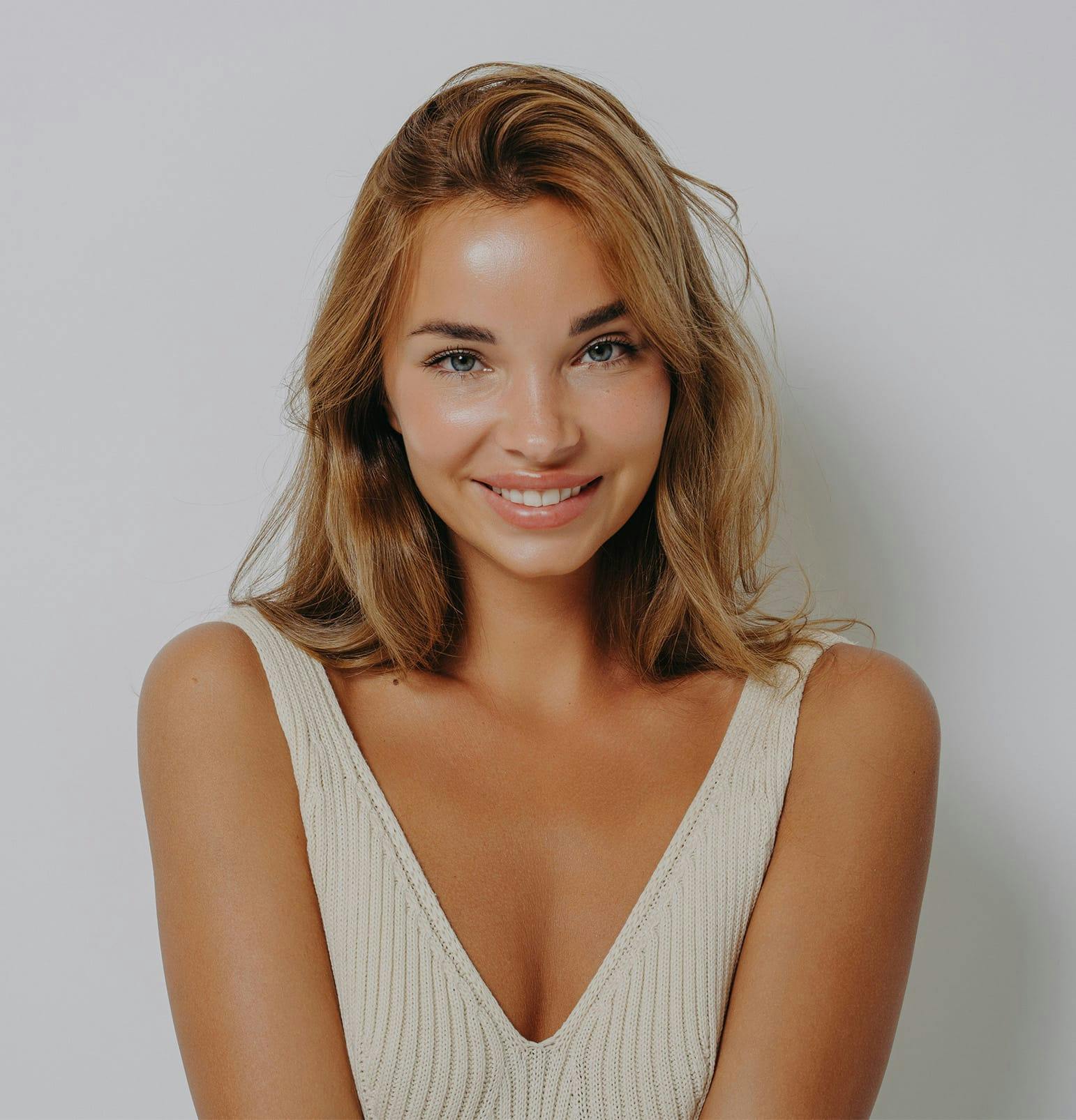 woman in tanktop smiling with shorter hair