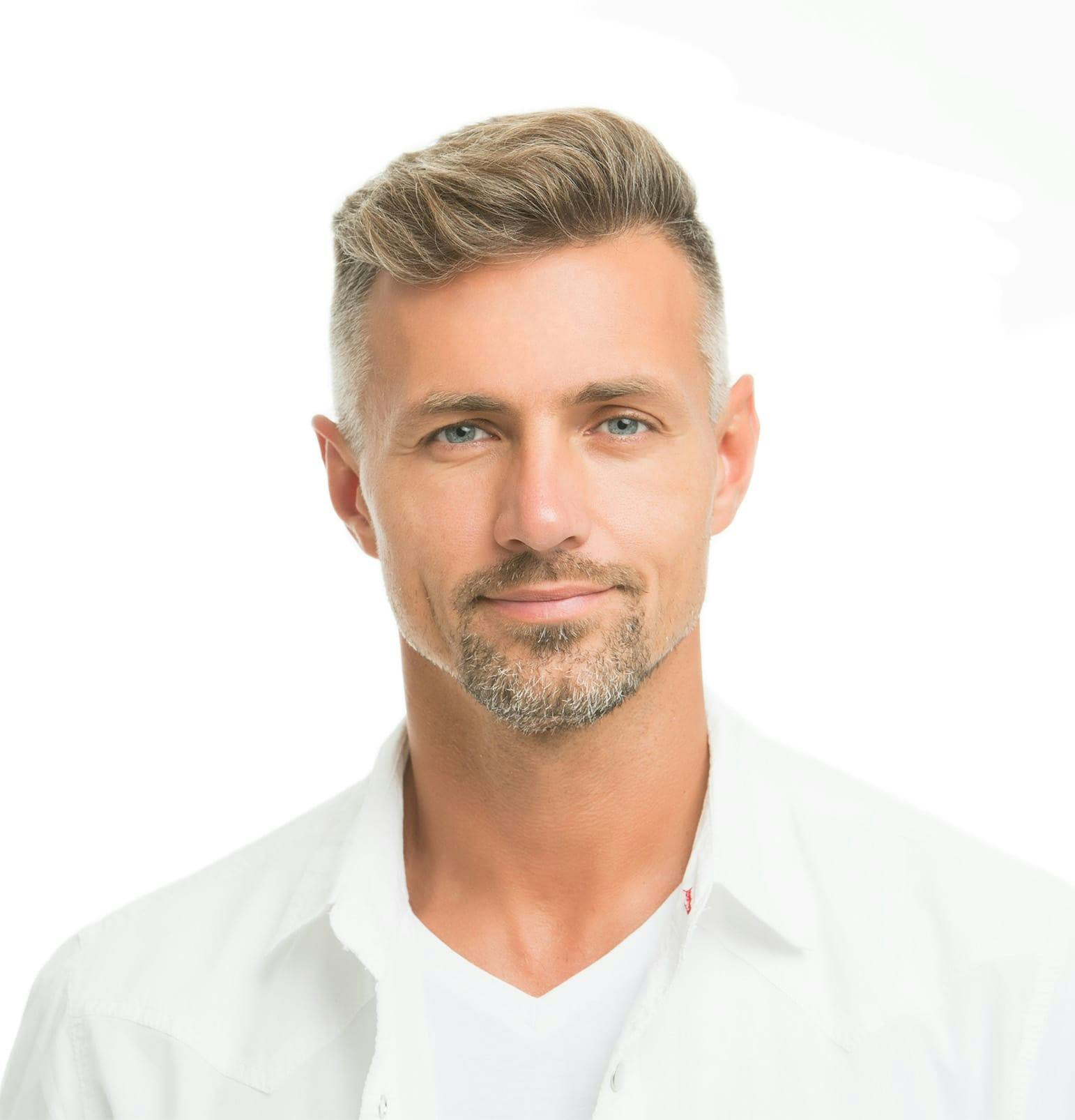 blonde man in white shirt with white background