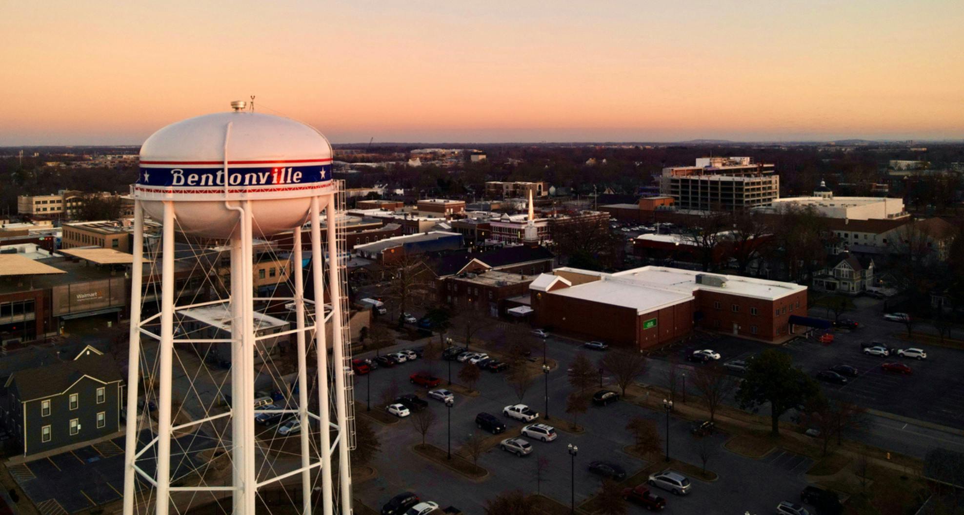 Drone shot of the famous water tower in Bentonville, Arkansas