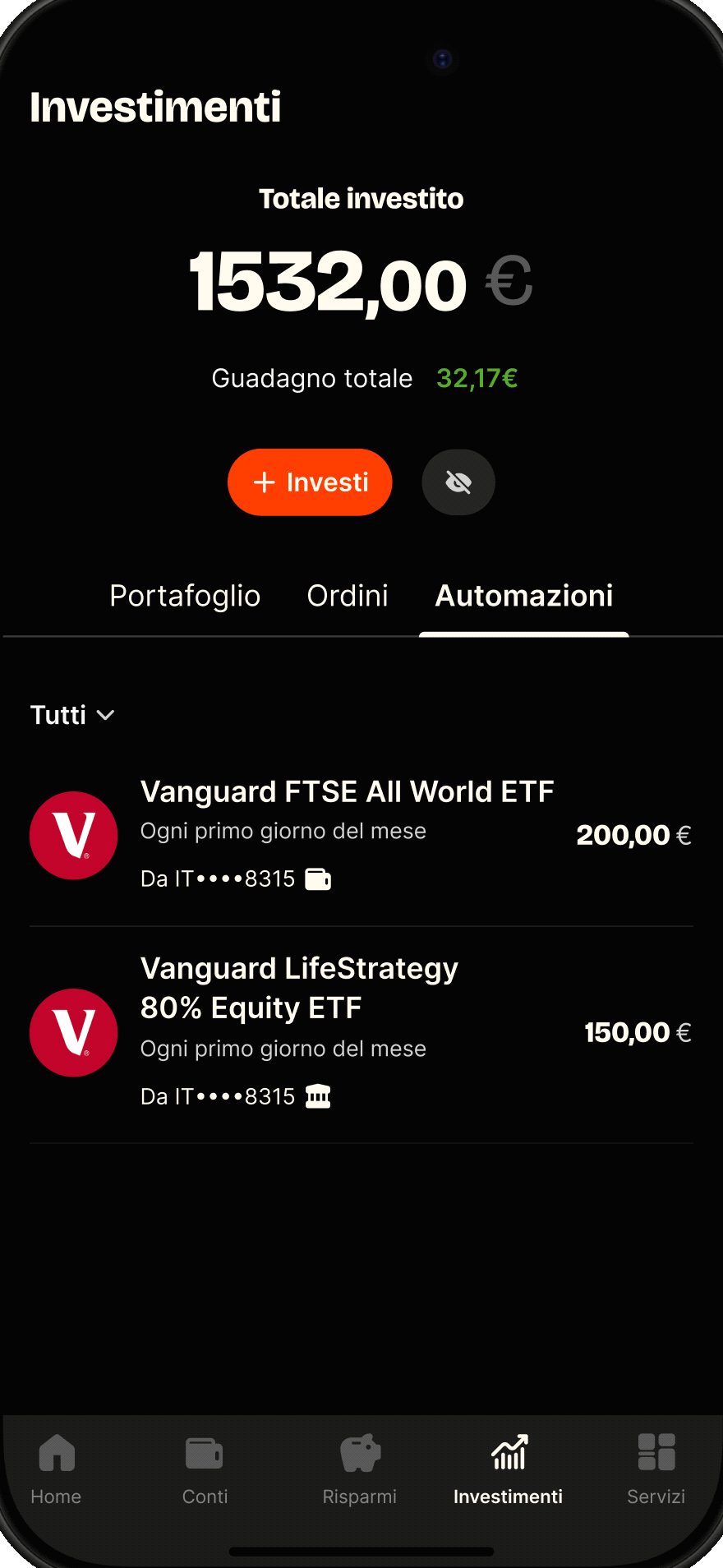 Anteprima dell'app Satispay — piano ricorrente su ETF Vanguard
