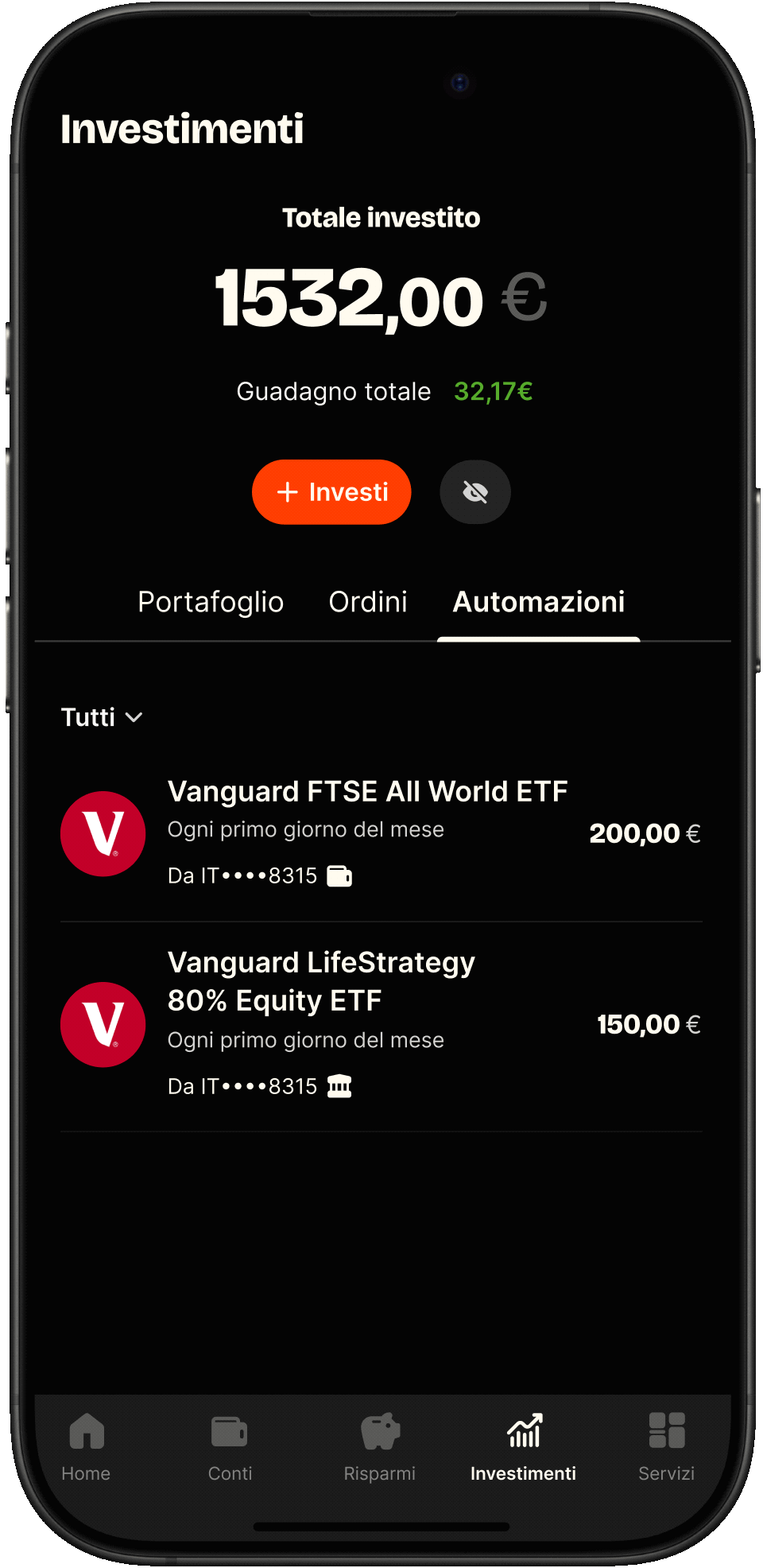 Anteprima dell'app Satispay — piano ricorrente su ETF Vanguard