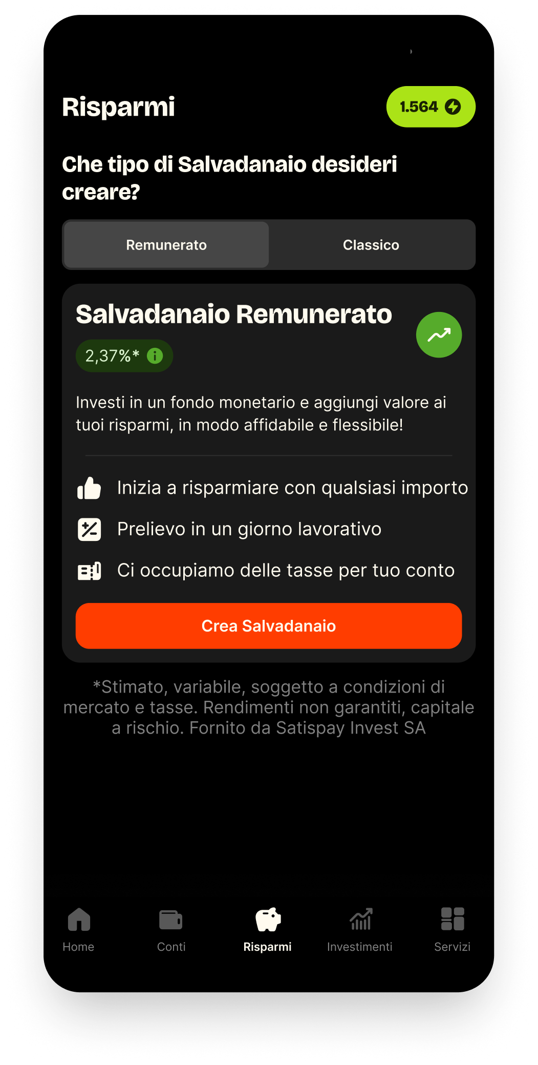 Schermata Profilo > Risparmi nell'app Satispay