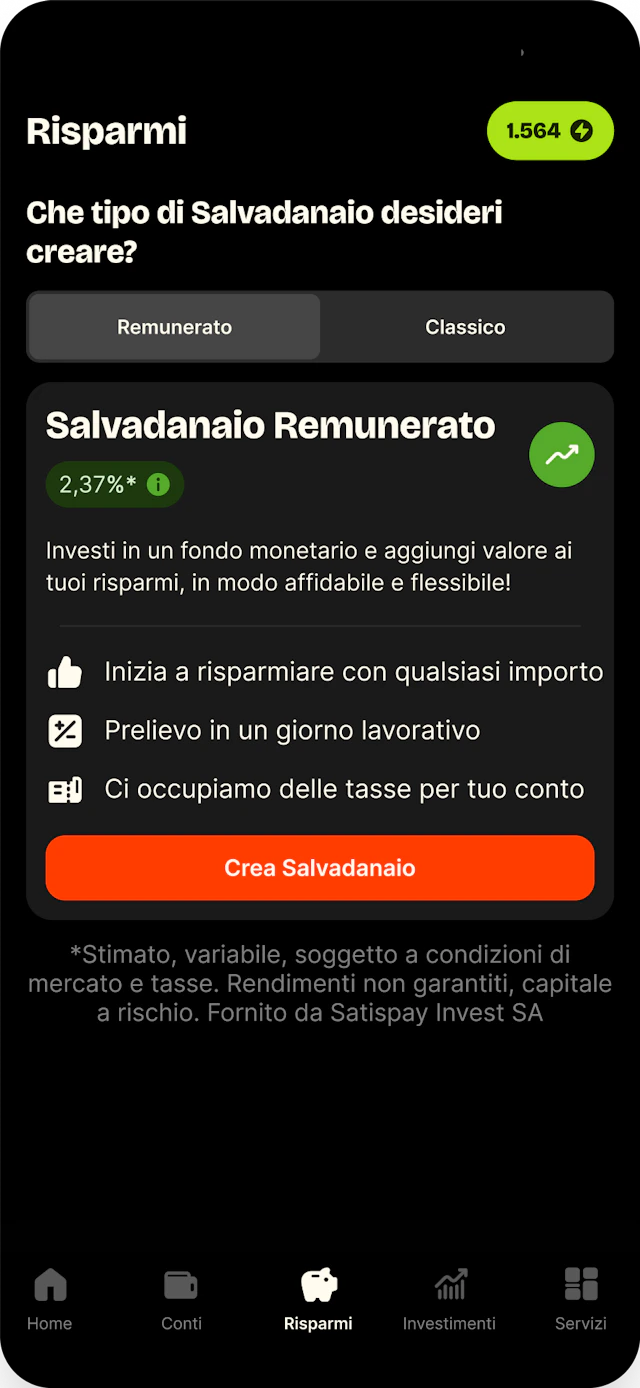 Schermata Profilo > Risparmi nell'app Satispay