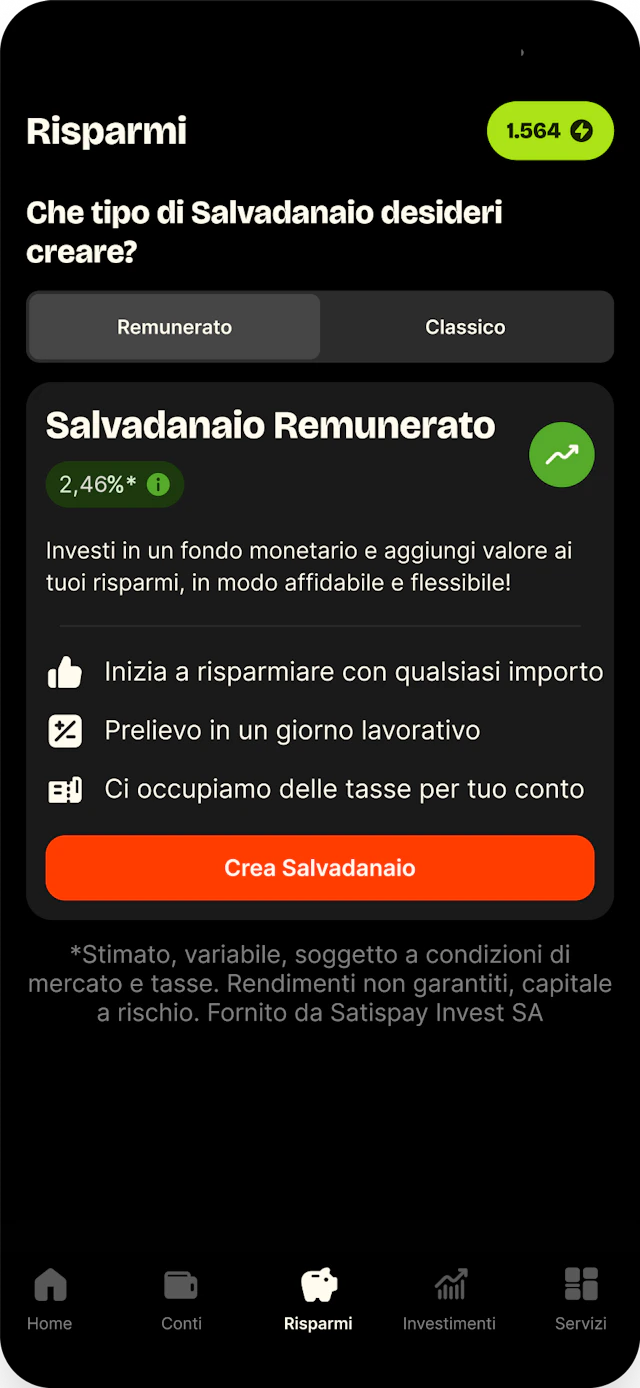 Schermata Profilo > Risparmi nell'app Satispay