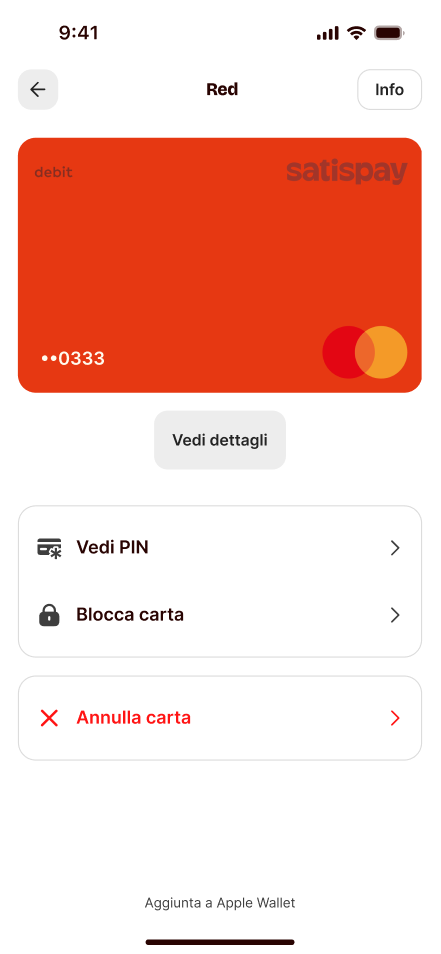 Schermata dell'app Satispay per richiedere la carta Red