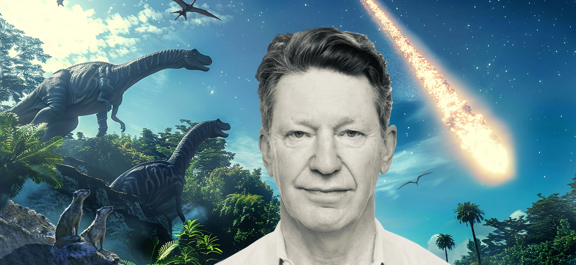Image of Chief Creative Officer for EssenceMediacom Stef Calcraft - Background image of dinosaurs and an asteroid