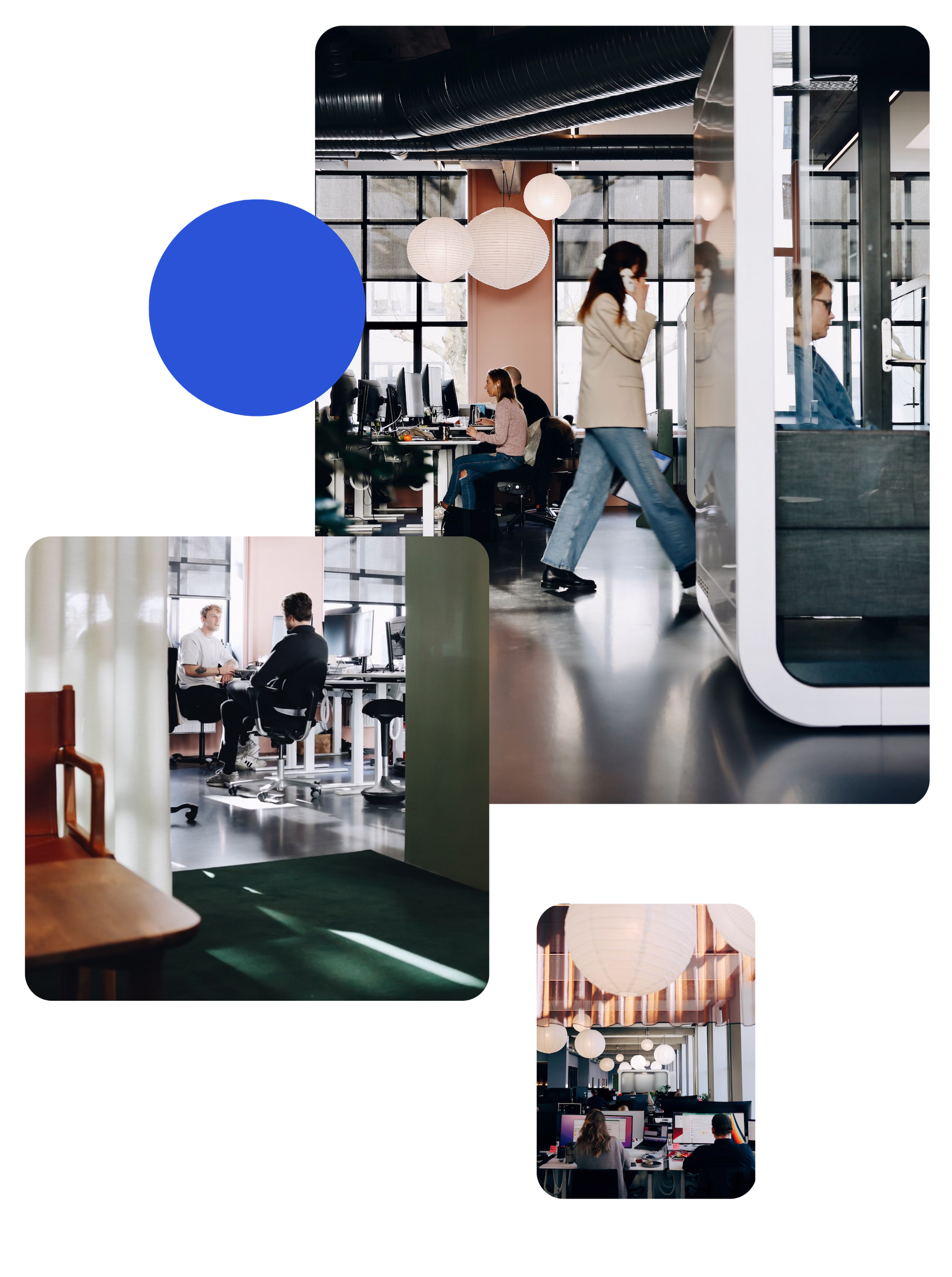 3 billeder af et kontor