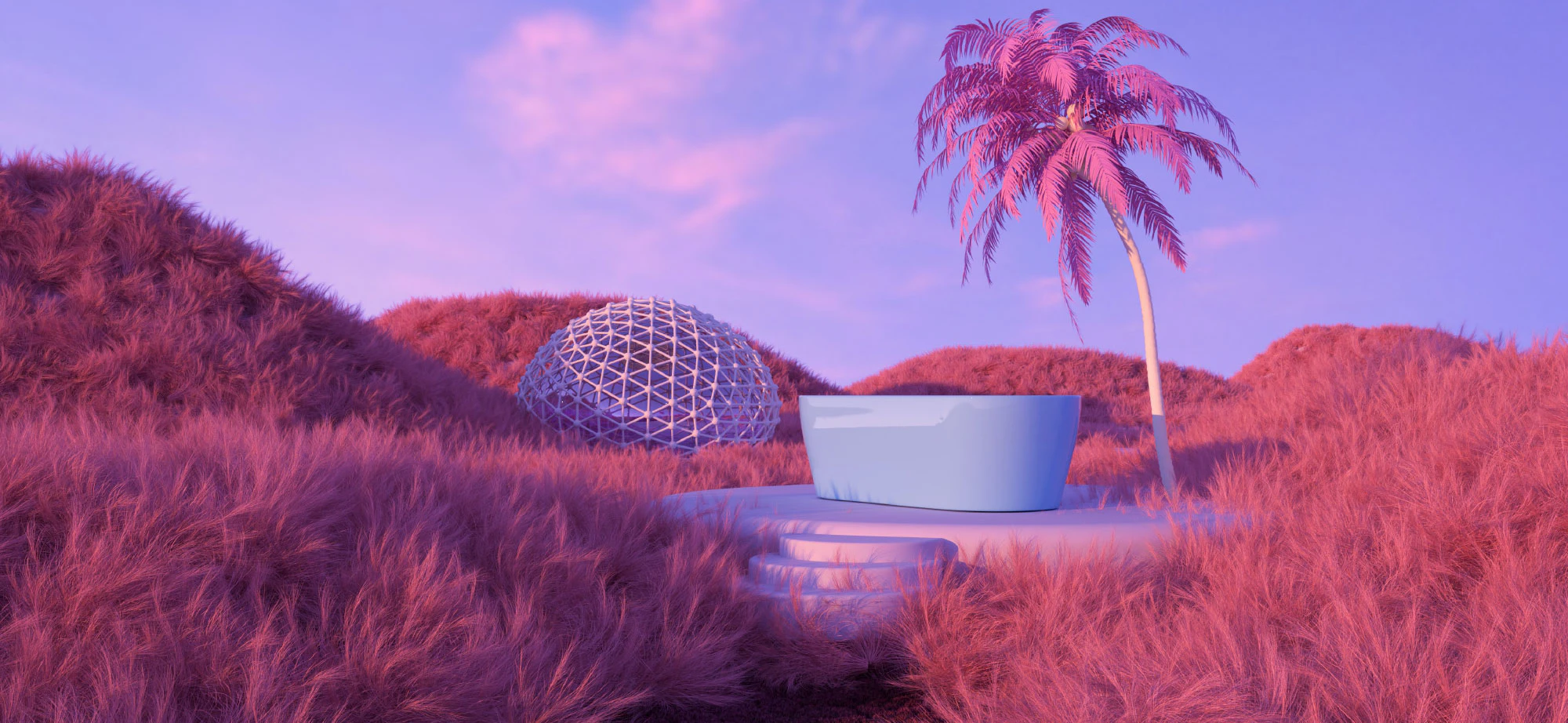 An image representing the metaverse with computer generated hills, a stone plinth in the centre and a palm tree