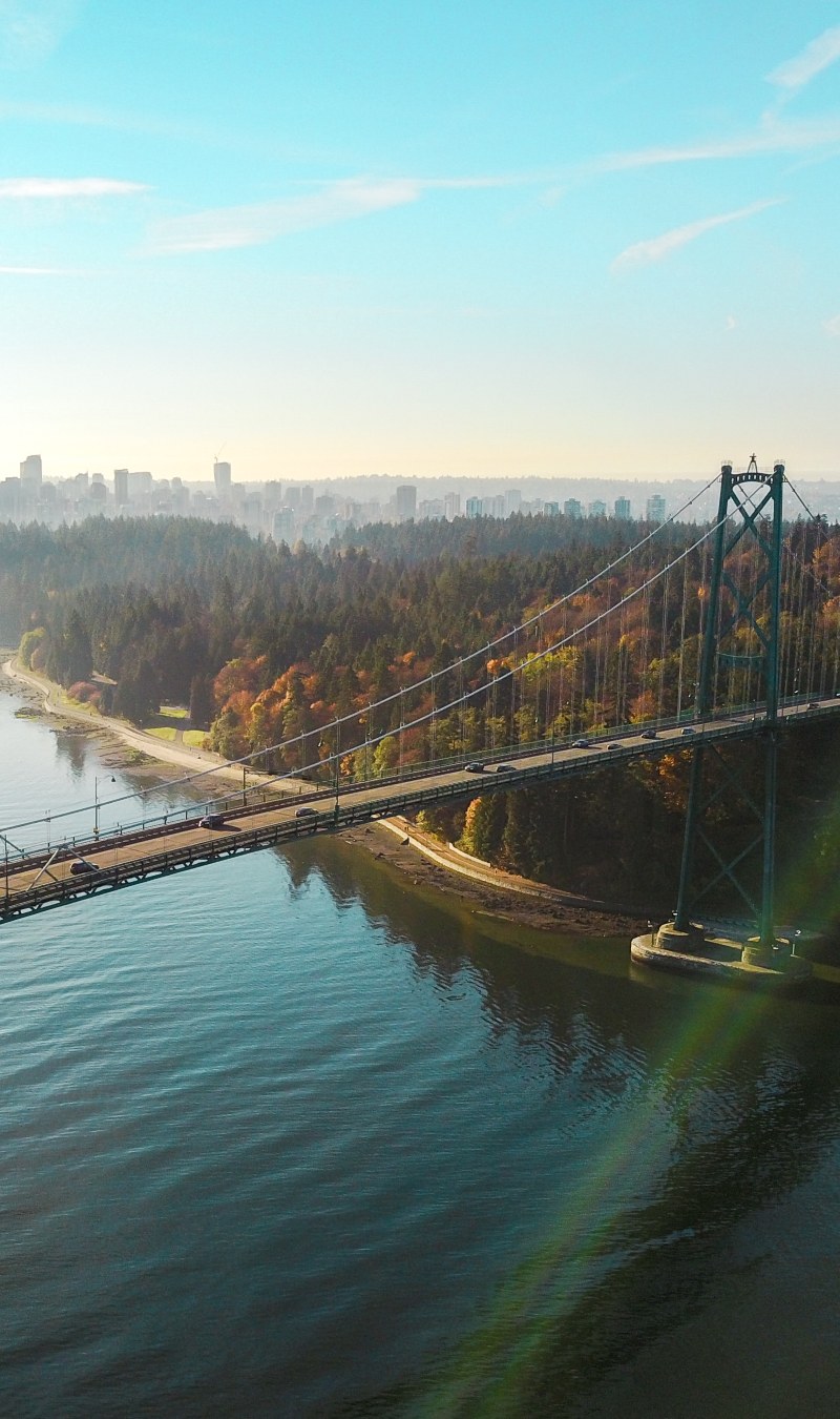 Image of Vancouver from the air looking at Lions Gate Bridge and Stanley Park