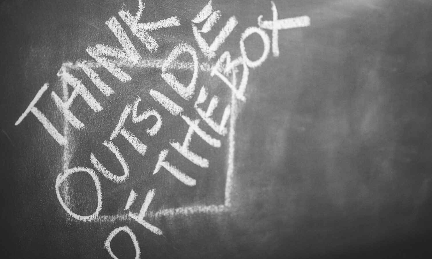 Photo of a chalkboard with a chalk drawing of a box and the text "Think outside of the box"