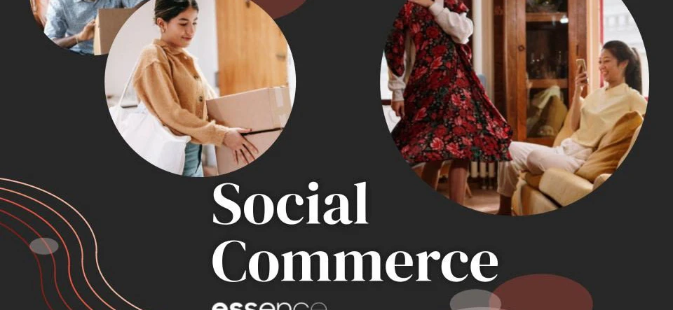 A collage consisting of various people engaged in shopping. Text reads: Social Commerce