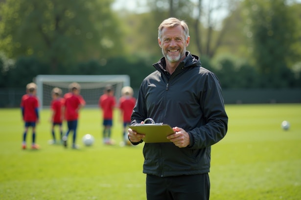 soccer coach smiling while holding a clipboard