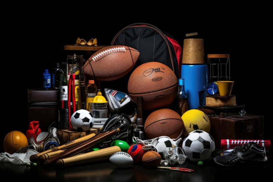 assorted sports equipment piled up on a black background
