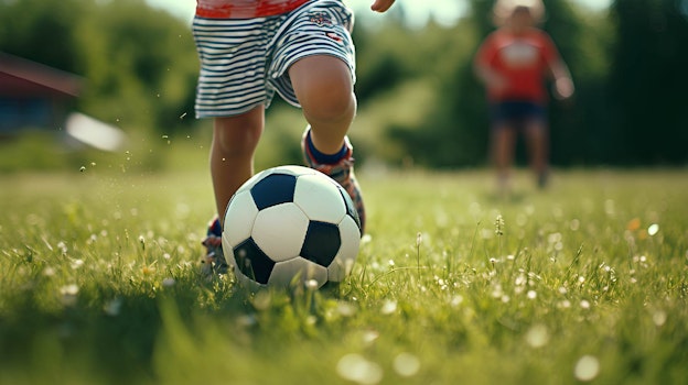 child kicking a football on a grass field