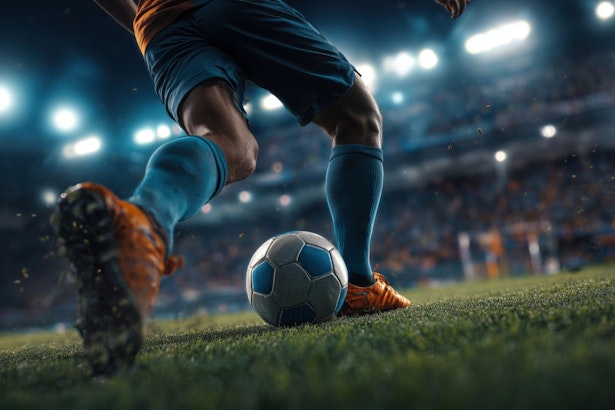 football player prepares to kick the ball in a stadium illuminated by bright lights during an evening match
