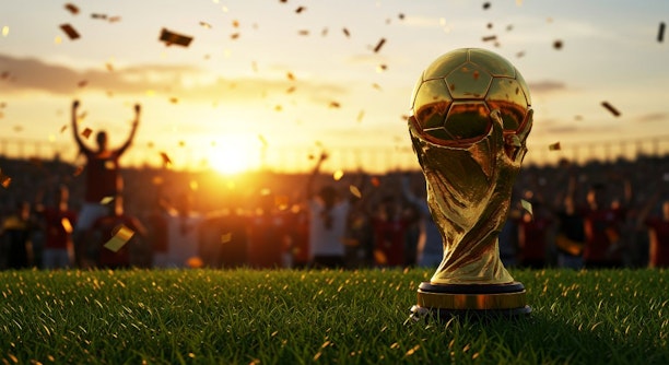 Golden World Cup Trophy at Sunset Victory Celebration with Confetti and Cheering Crowd