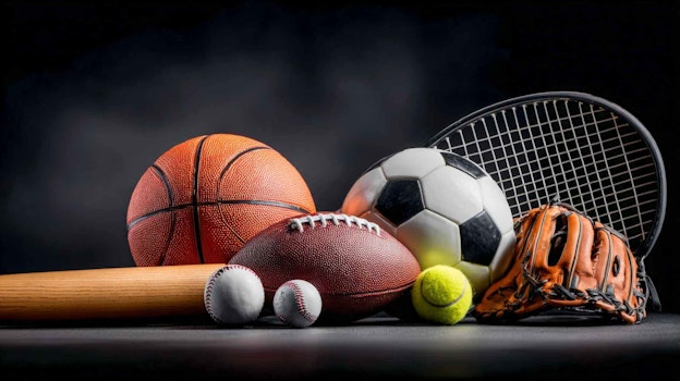 Assorted Sports Equipment against dark background