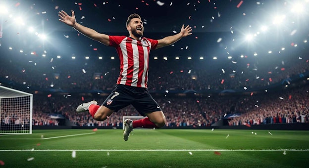 Dynamic Soccer Player Celebrates Victory Fans Cheering Confetti Championship Game